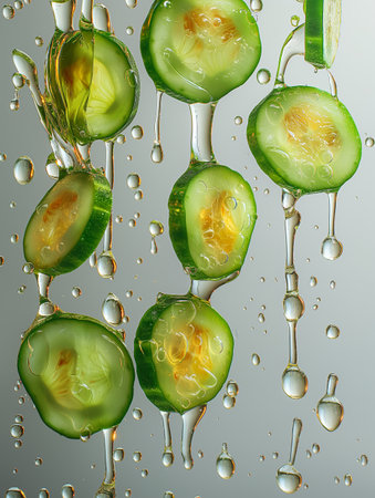 Cucumber slices in water with bubbles on a gray background.の素材