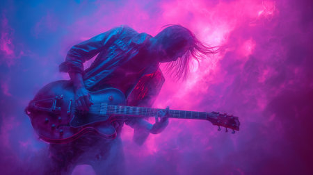 Rock guitarist playing on electric guitar in dark smoke with red and blue lightの素材