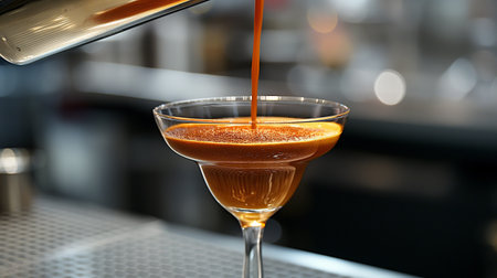 Pouring coffee into cocktail glass on bar counter, close-upの素材