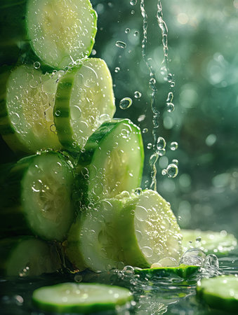 Cucumber slices with water drops on a dark green background.の素材