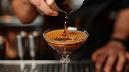 Barman pouring chocolate syrup into glass of cocktail, closeup viewの素材