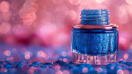 Cosmetic branding, glamor lip gloss and shopping sale concept - Blue nail polish bottle on glitter holiday background, make-up and cosmetics product for luxury beauty brand promotionの素材
