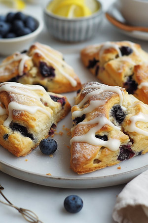 Freshly baked buns with blueberries and raisins, selective focusの素材