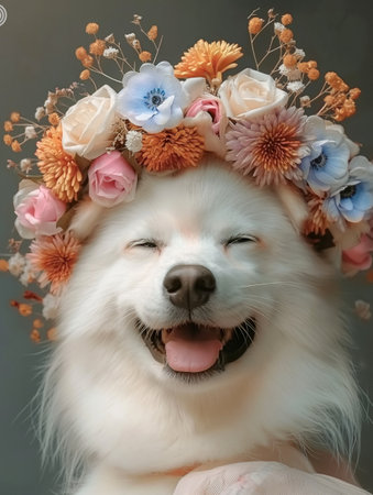 White Samoyed dog with a wreath of flowers on his headの素材