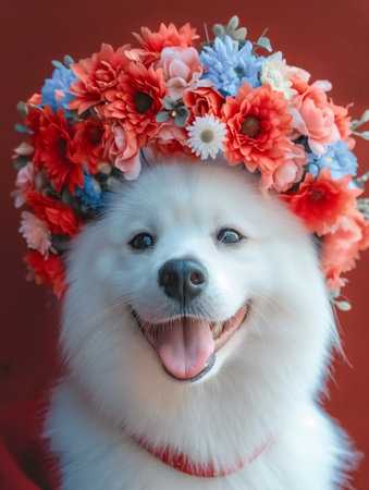 White Samoyed dog in a wreath of flowers on a red backgroundの素材