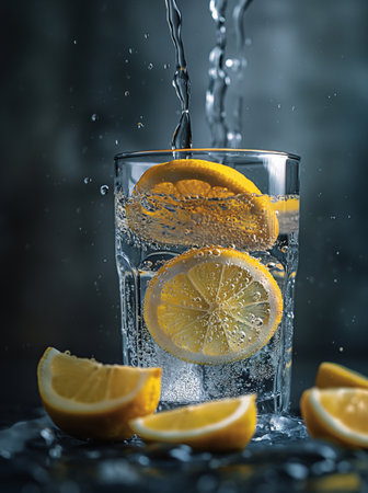 Glass of water with ice cubes and lemon slices on dark background.の素材