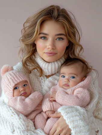 Beautiful young mother with two newborns on a beige backgroundの素材
