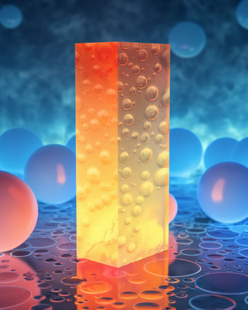 3d rendering of abstract geometric forms in blue and orange with bubblesの素材