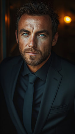 Portrait of a handsome mature man in a black suit. Men's beauty, fashion.の素材