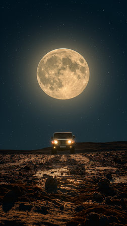 Vintage retro camper van in the desert at night with full moonの素材