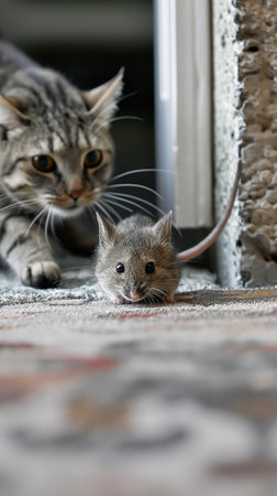 Domestic cat and mouse sitting on the floor. Pet care concept.の素材
