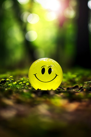 Smiling face on the moss in the forest with bokeh backgroundの素材