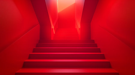 Red stairs with red light, 3d rendering. Computer digital drawing.の素材