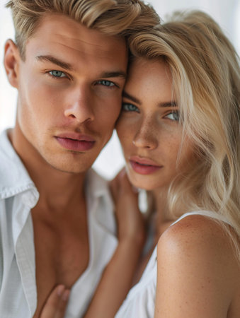 Close up portrait of beautiful young couple in love, looking at each other and smiling while sitting on bed at homeの素材