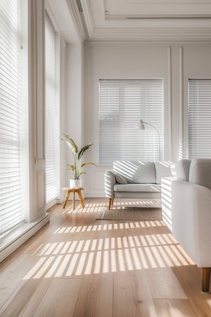 interior of modern living room with white walls, parquet floorの素材