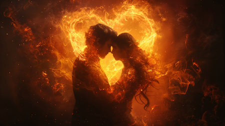Silhouette of a loving couple in the fire on a dark backgroundの素材