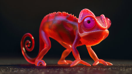 Red chameleon on a black background. Close-up.の素材