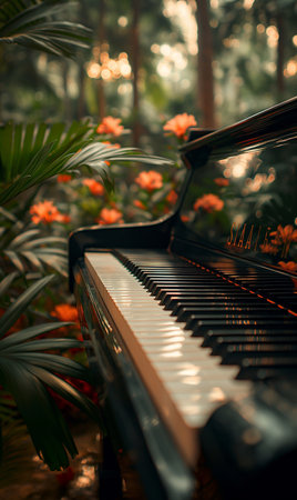 Piano in the garden with leaves and flowers, vintage style.の素材