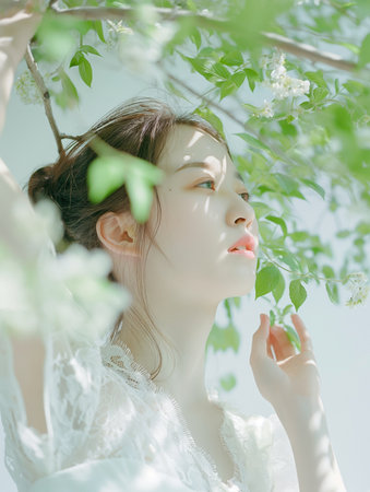 Portrait of beautiful Asian woman in white dress in the gardenの素材