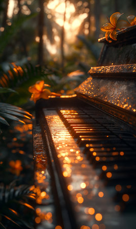 Old piano in the park at sunset. Selective focus and shallow depth of field.の素材