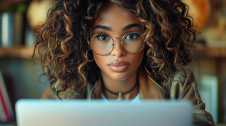Portrait of beautiful African American woman in eyeglasses using laptop at homeの素材