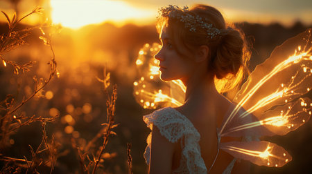 Portrait of a beautiful girl with angel wings in a field at sunsetの素材
