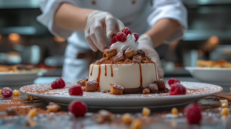 Chef decorating chocolate cake with raspberries, closeupの素材