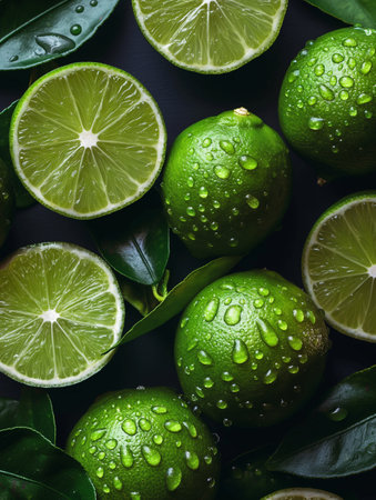 Fresh limes with water drops on black background. Top view.の素材