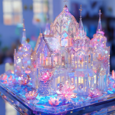 beautiful crystal toy house at the fair in the light of the setting sunの素材
