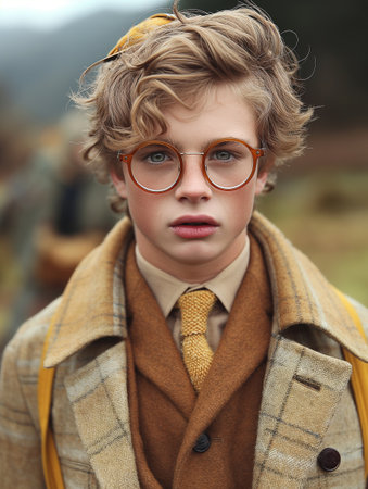 Portrait of a boy in a coat and eyeglasses.の素材