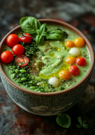 Green cream soup with spinach, cherry tomatoes and mozzarella.の素材