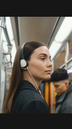 selective focus of young woman in headphones listening music in subway trainの素材
