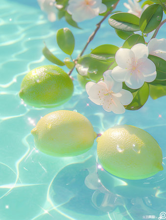 Lemon and apple blossom in swimming pool, summer vacation conceptの素材