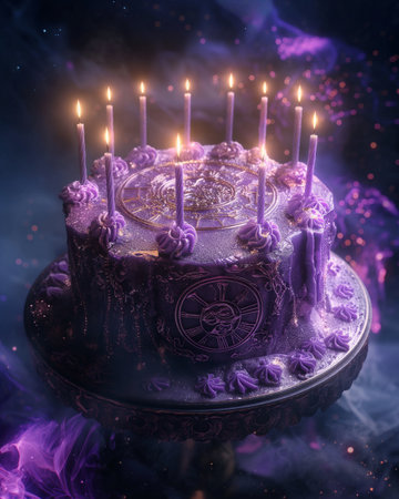 Birthday cake with burning candles in purple smoke. Selective focus.の素材