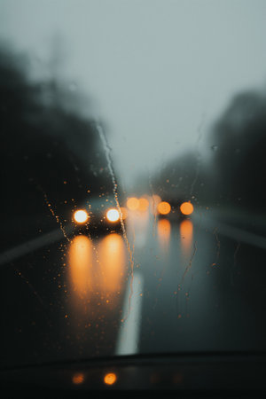 Blurred view of car on the road with rain drops on glassの素材