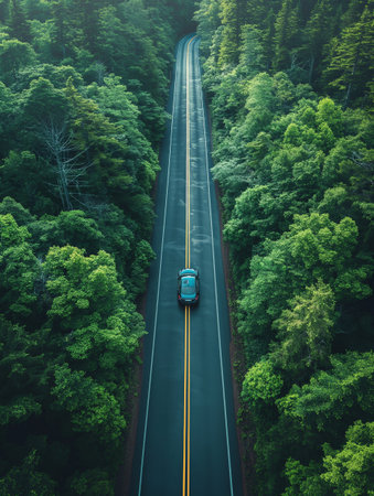 Aerial view of a car driving on the road in the forestの素材