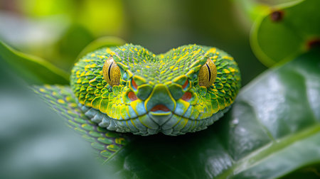 Close up of the head of a green pit viper in the jungleの素材
