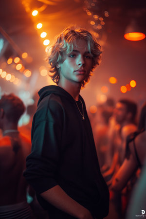 Handsome young man with blond curly hair standing in front of a group of people at a music festivalの素材