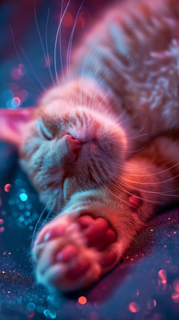 Cute cat sleeping on the bed with bokeh background.の素材
