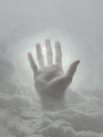 Conceptual image of human hand reaching up against cloudy sky backgroundの素材