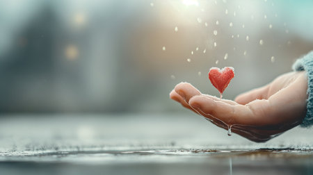 Female hand holding red heart on blurred background with bokeh effectの素材