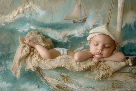 Cute newborn baby sleeping on a wooden boat in a rustic styleの素材