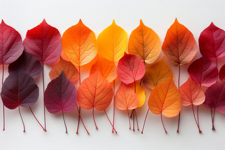 Colorful autumn leaves on a white background, close-up.の素材
