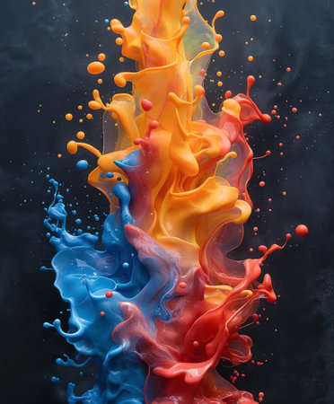 Colorful paint splashes isolated on black background. 3d renderingの素材