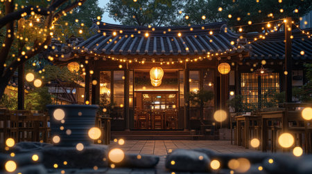 3d illustration of chinese temple with garland lights at nightの素材