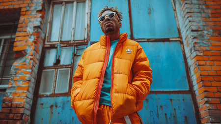 Stylish african american man in orange jacket and sunglasses on urban background.の素材