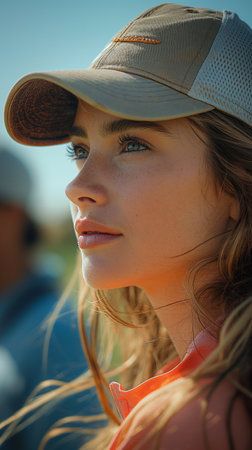 Close-up portrait of a beautiful girl in a baseball cap.の素材