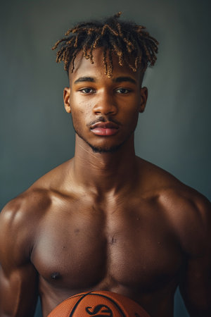 Portrait of a young african american man with basketball ballの素材