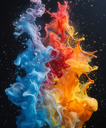 Colorful paint splashes isolated on black background. Abstract background.の素材