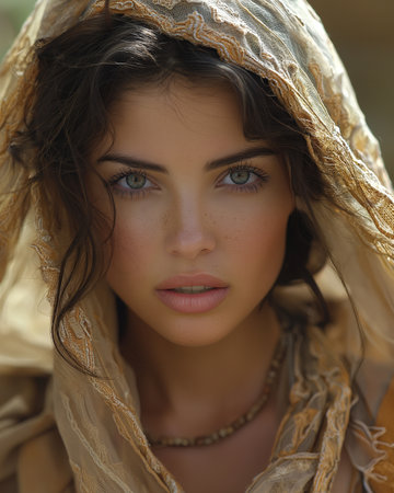 Portrait of a beautiful girl in a beige dress with a veilの素材